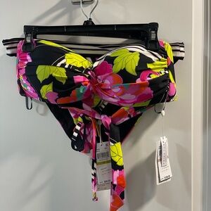 Trina Turk Black Hot Pink Lime Floral Bandeau Bikini Top and Bottom